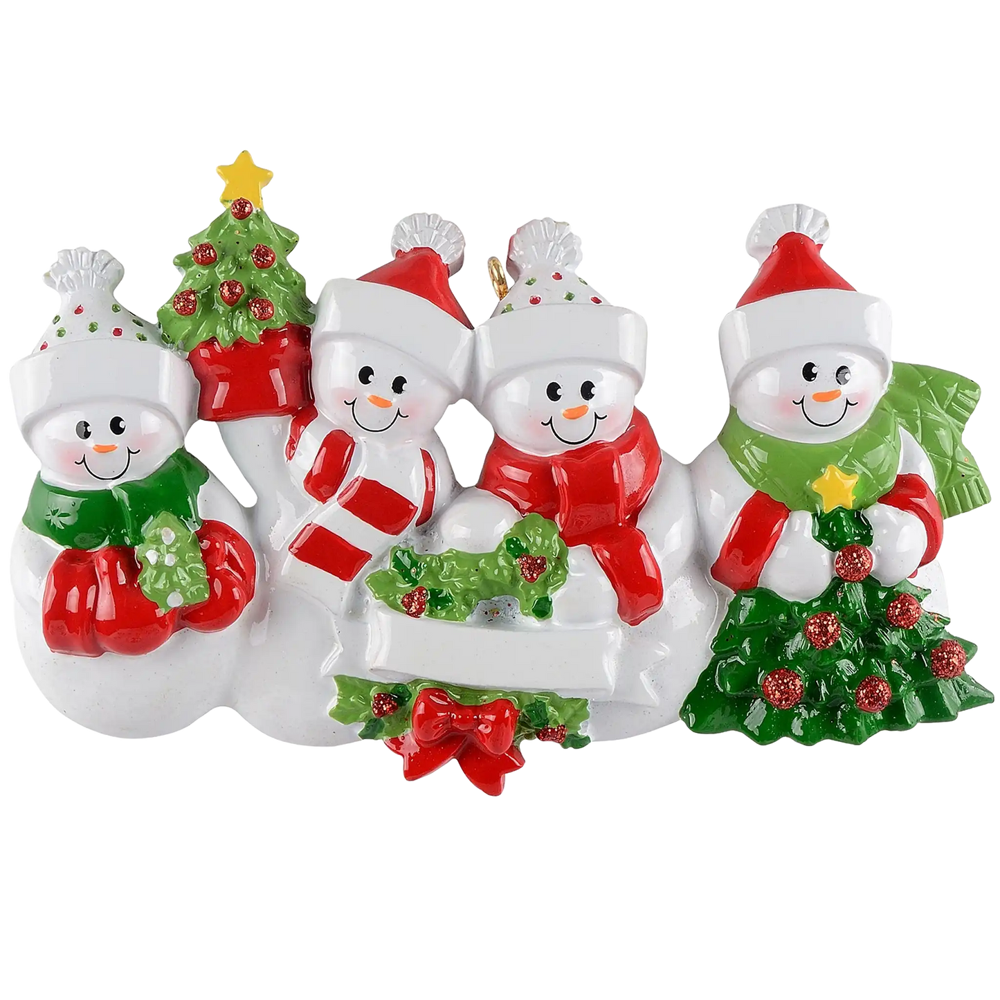 Personalized Christmas ornament featuring four snowman figures in winter gear, holding a central blank white banner ready for custom name engraving.