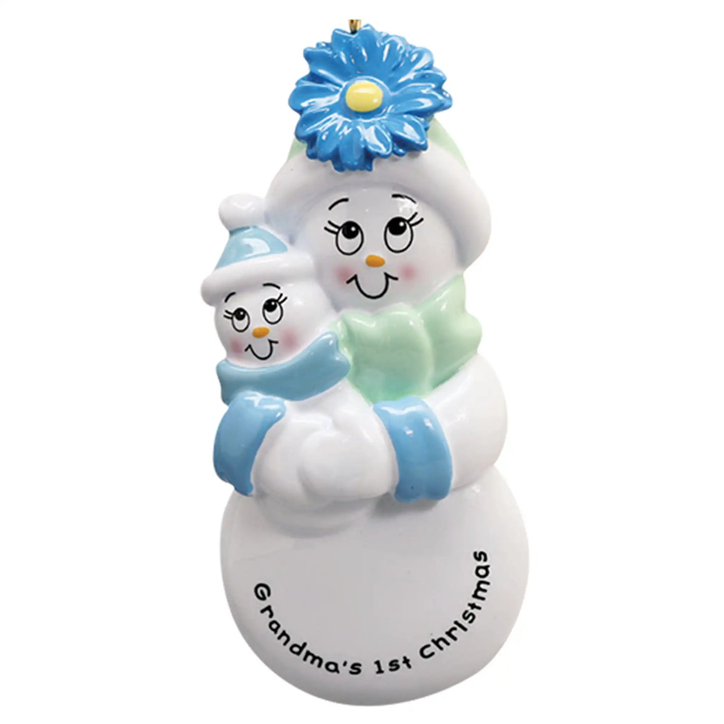 Personalized Christmas ornament featuring a large snowman hugging a baby snowman, with the text "Grandma's 1st Christmas," and the baby's body ready for custom name and year engraving.