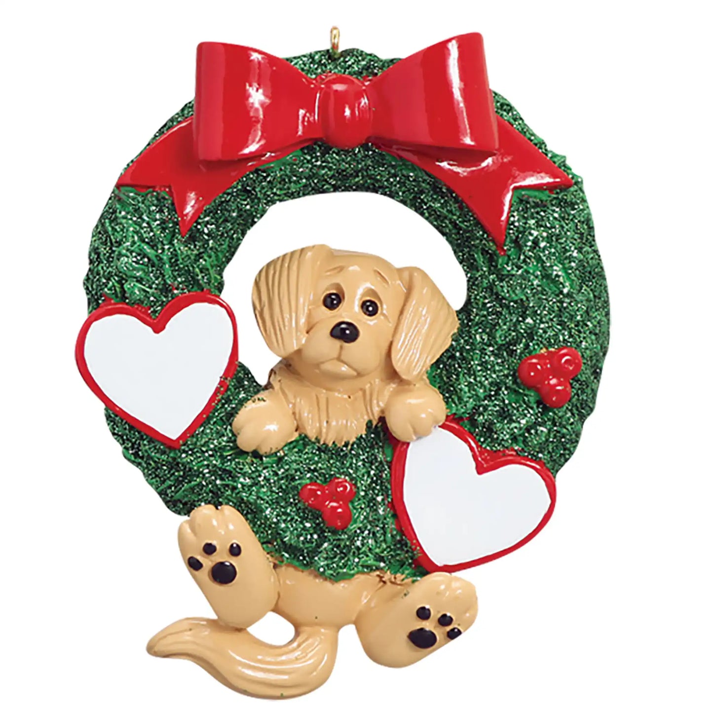 Adorno navideño con corona de purpurina de Golden Retriever