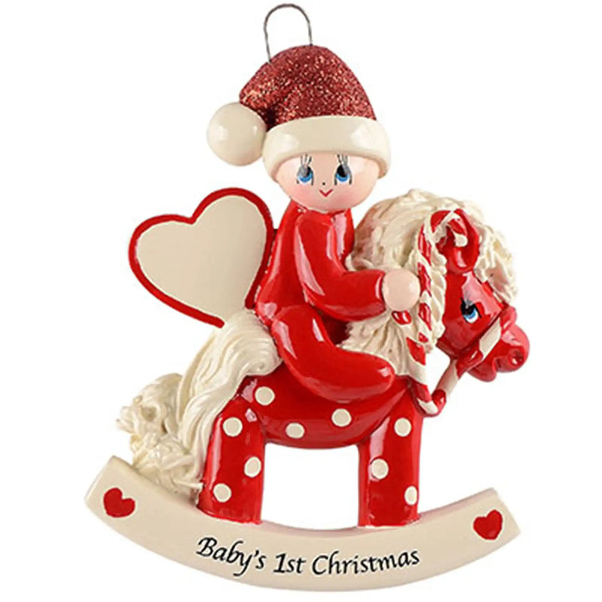 Personalized red rocking horse first Christmas ornament for baby, name and year laser engraved