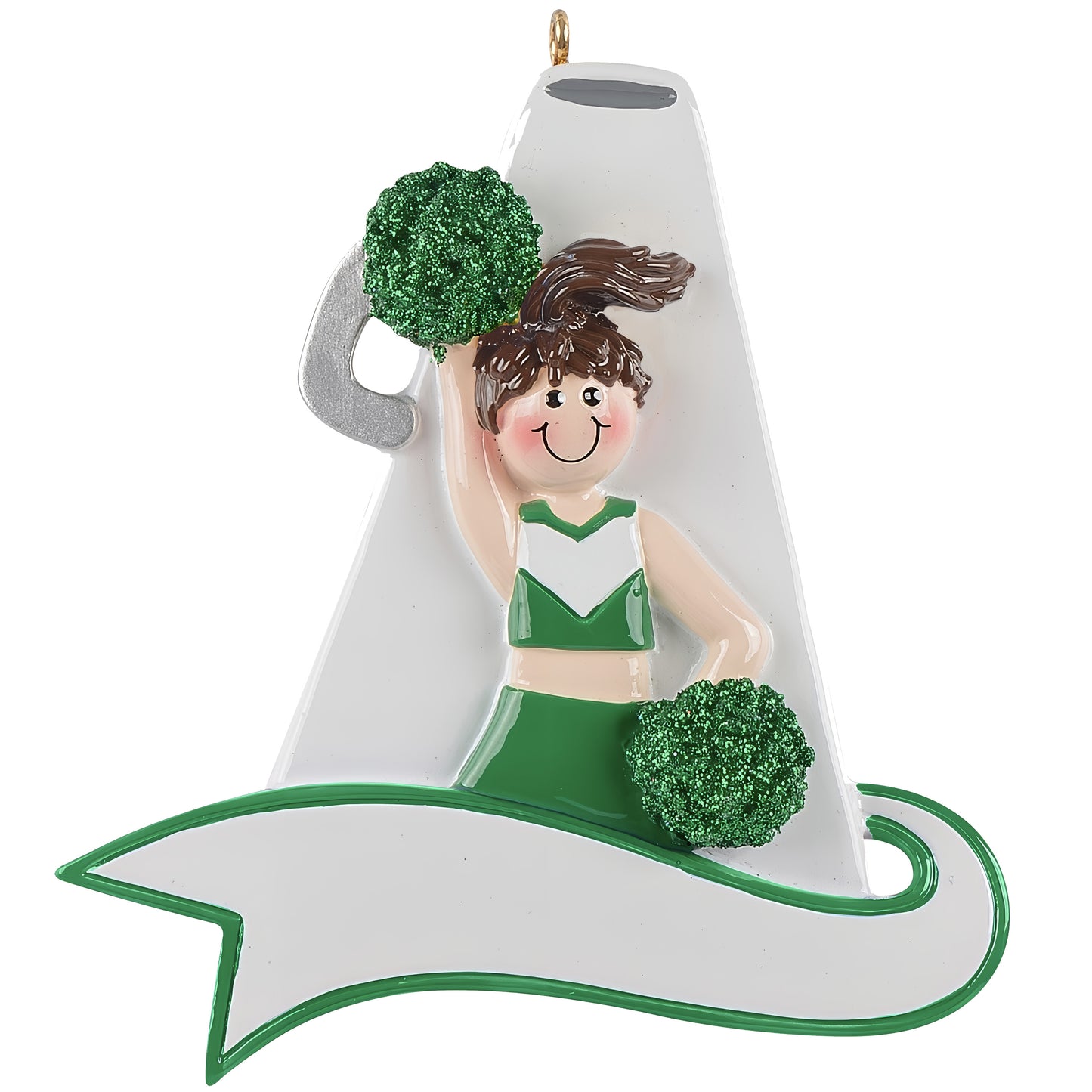 Adorno navideño con megáfono verde de animadora