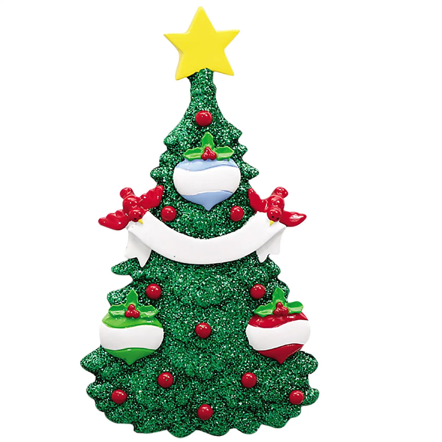 Adorno navideño de familia de 3 con árbol de purpurina verde