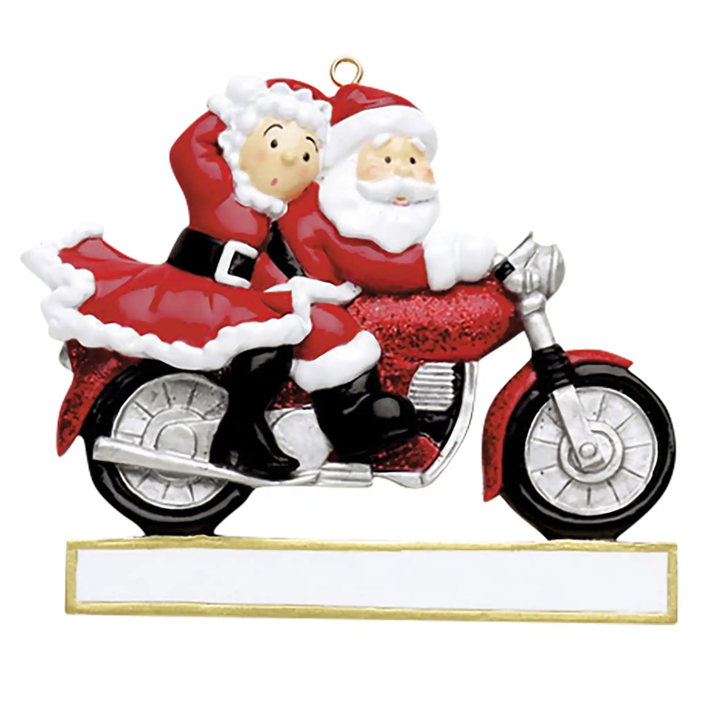 Adorno navideño de pareja de Papá Noel en motocicleta