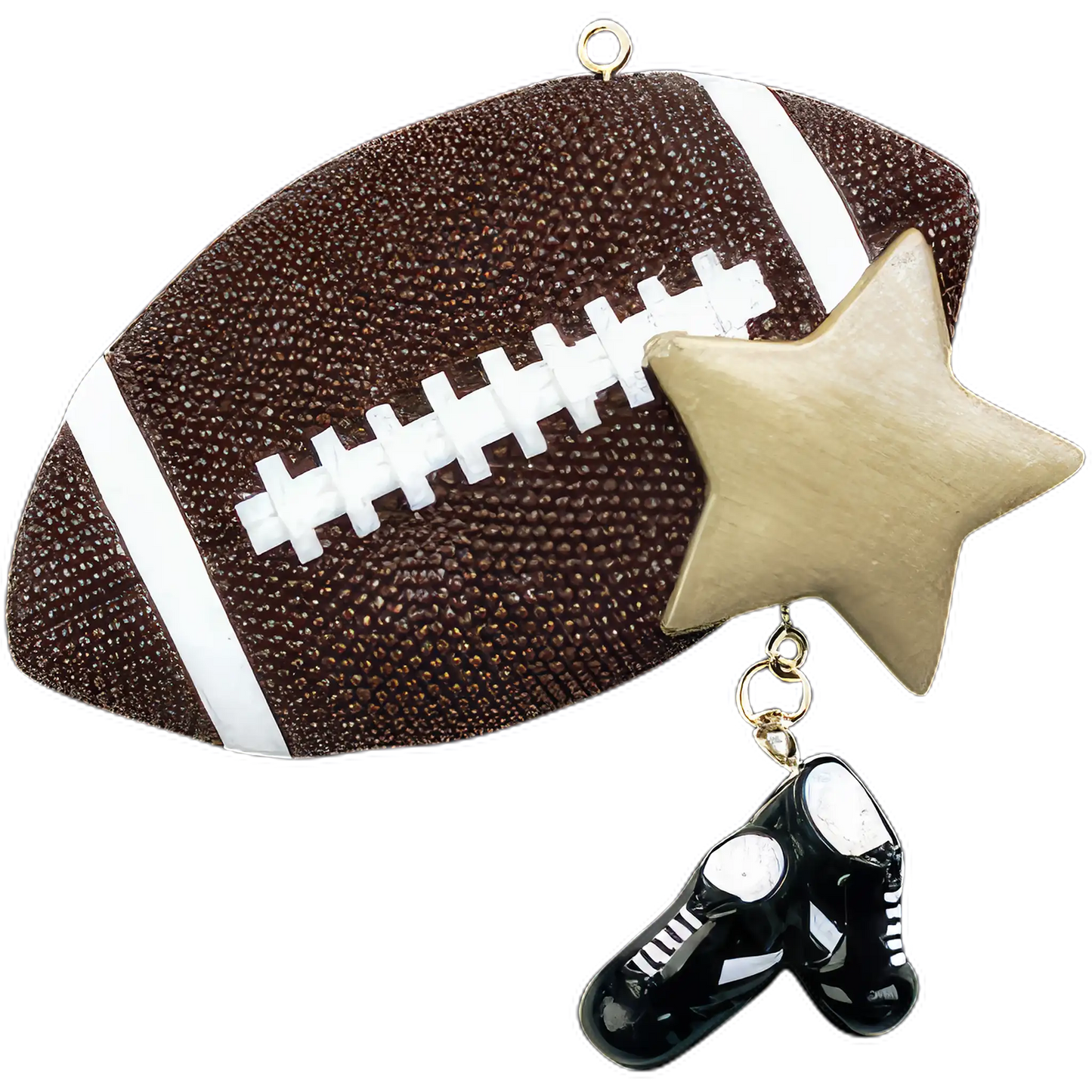 Personalized Christmas ornament featuring a brown football with white laces, a gold star, and hanging black cleats, with the surface of the ball ready for custom name and year engraving.