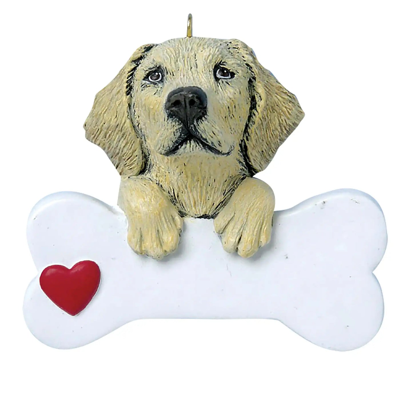 Personalized Christmas ornament featuring a Yellow Labrador Retriever head and paws resting on a large blank white bone with a red heart, ready for custom name engraving.