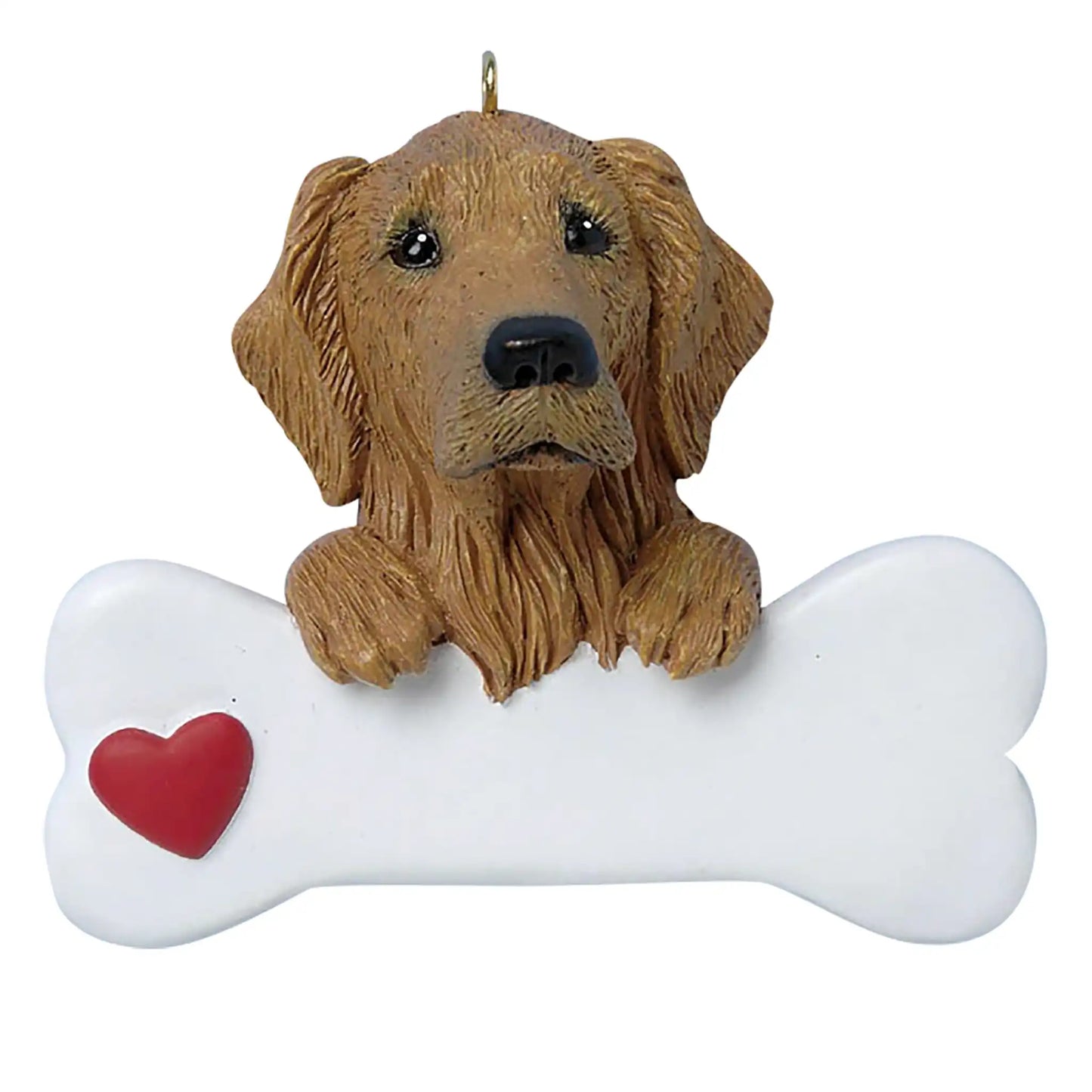 Personalized golden retriever Christmas ornament with realistic golden dog holding a white bone with red heart, customizable with name & year