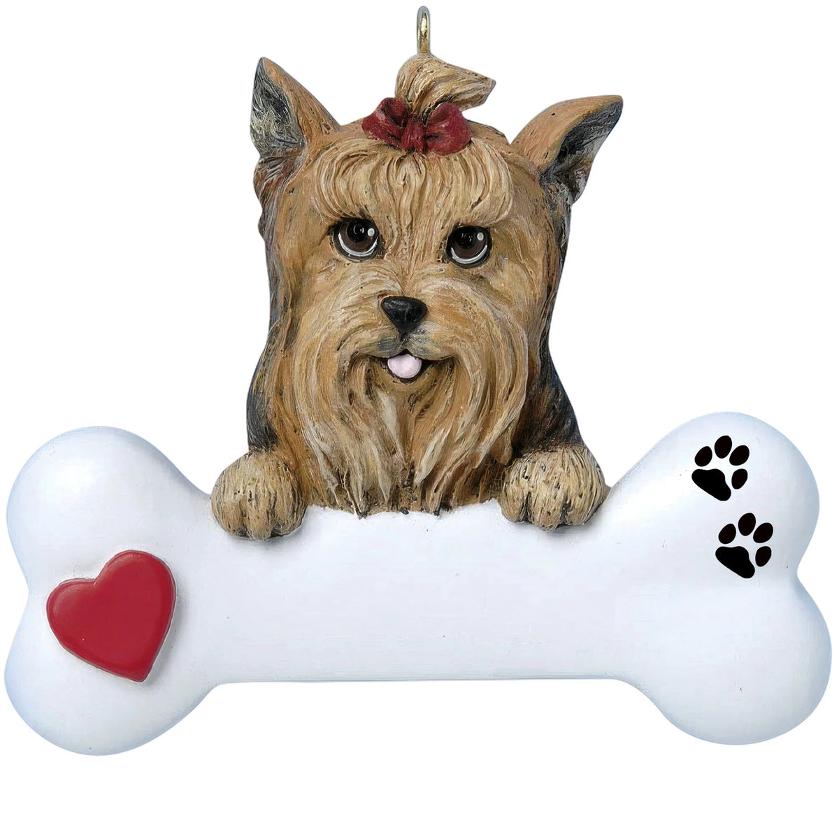 Personalized Yorkie dog bone Christmas ornament shown blank, ready for your dog's name and year
