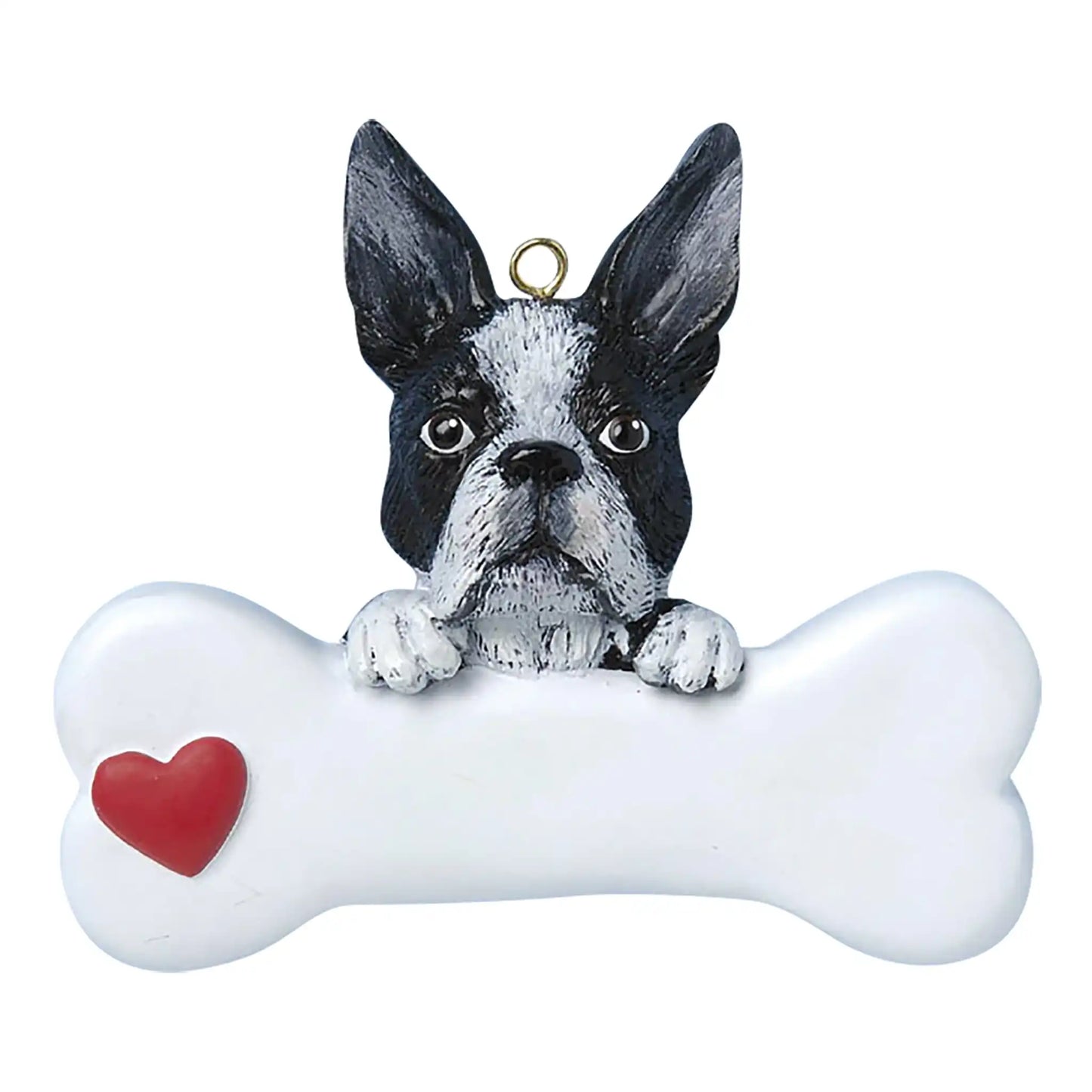 Adorno navideño con forma de hueso de perro Boston Terrier