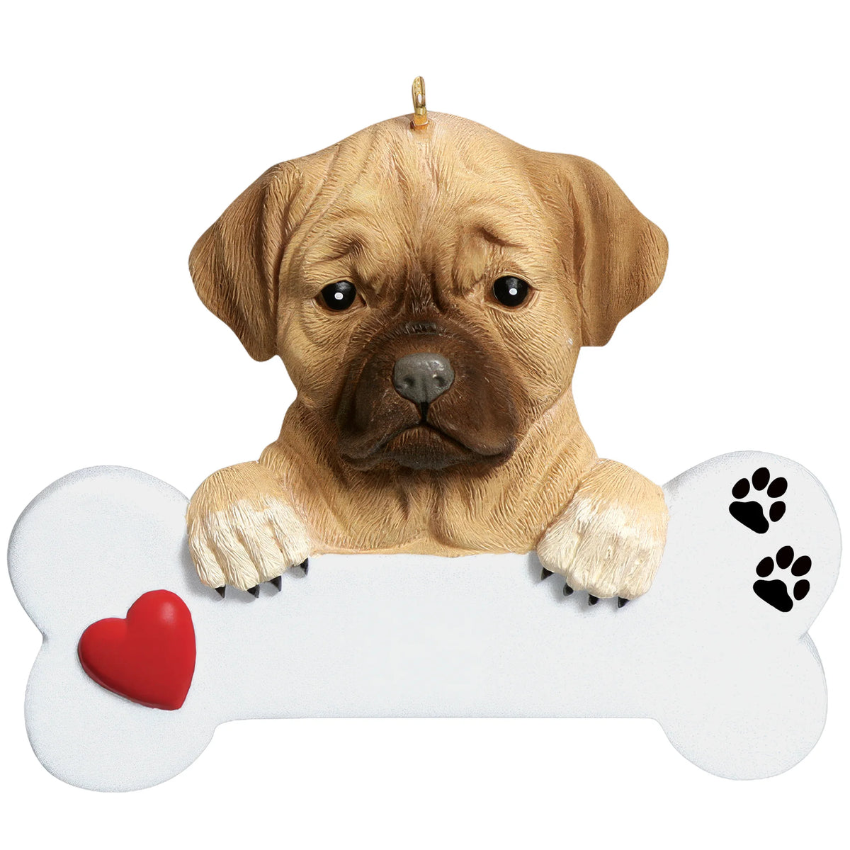 Personalized puggle dog bone Christmas ornament shown blank, ready for your dog's name and year