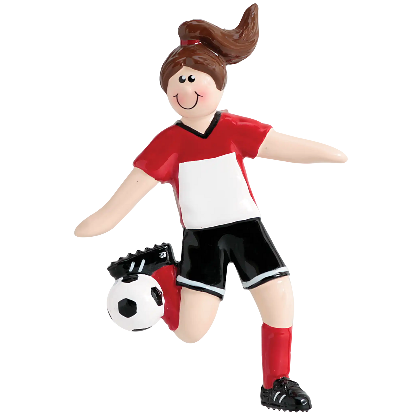 Personalized Christmas ornament featuring a girl soccer player in a red and white jersey and black shorts, with a soccer ball and cleats at her feet, with the white jersey area ready for custom name engraving.