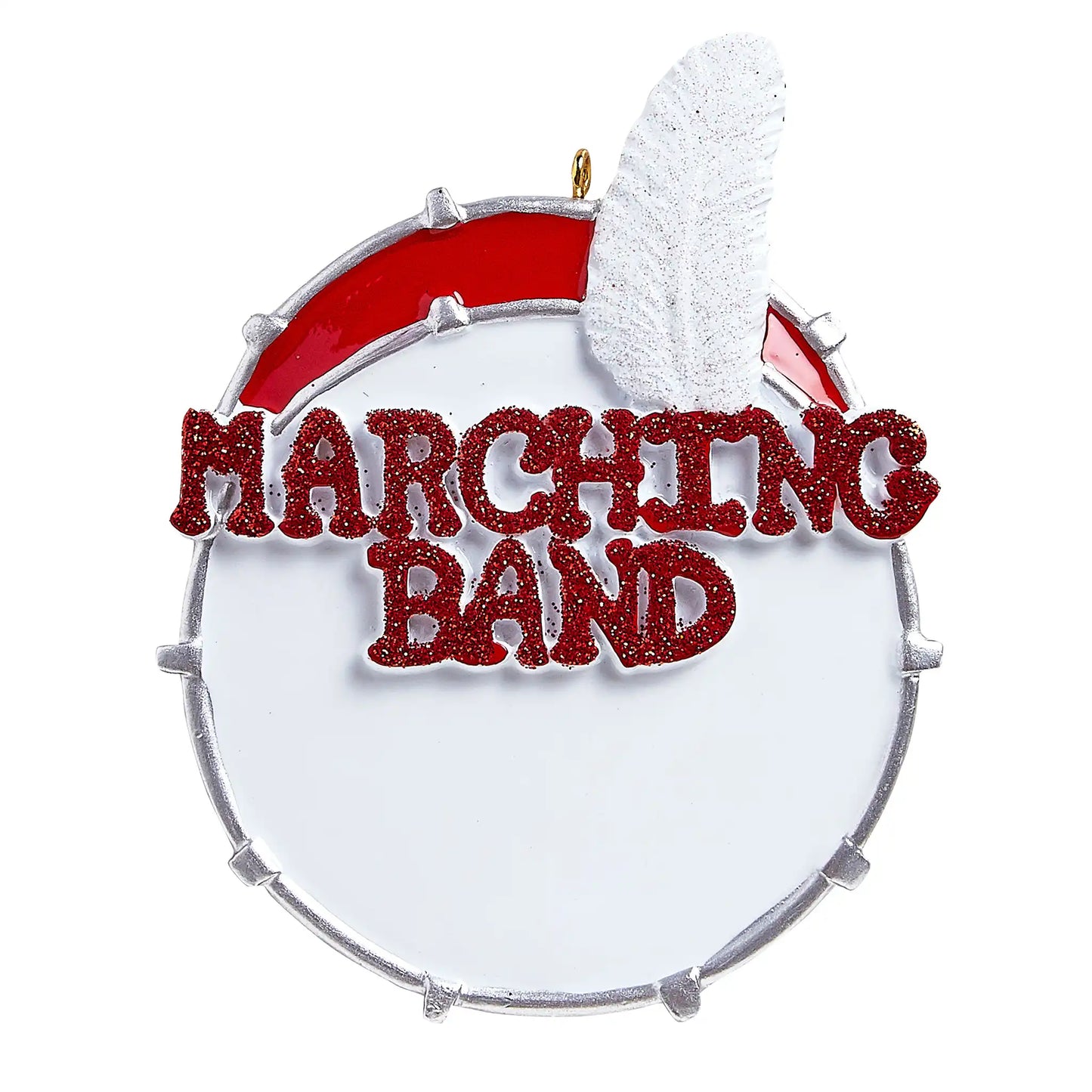 Personalized Christmas ornament shaped like a marching band snare drum with red glitter text "MARCHING BAND" and a white feather plume, with the drum head ready for custom name engraving.