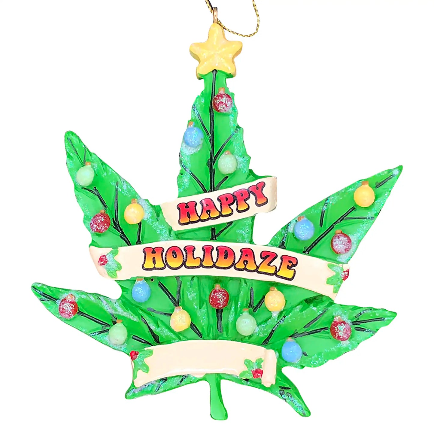 Personalized Happy Holidaze cannabis leaf Christmas ornament decorated with colorful ornaments and star, customizable with name and year