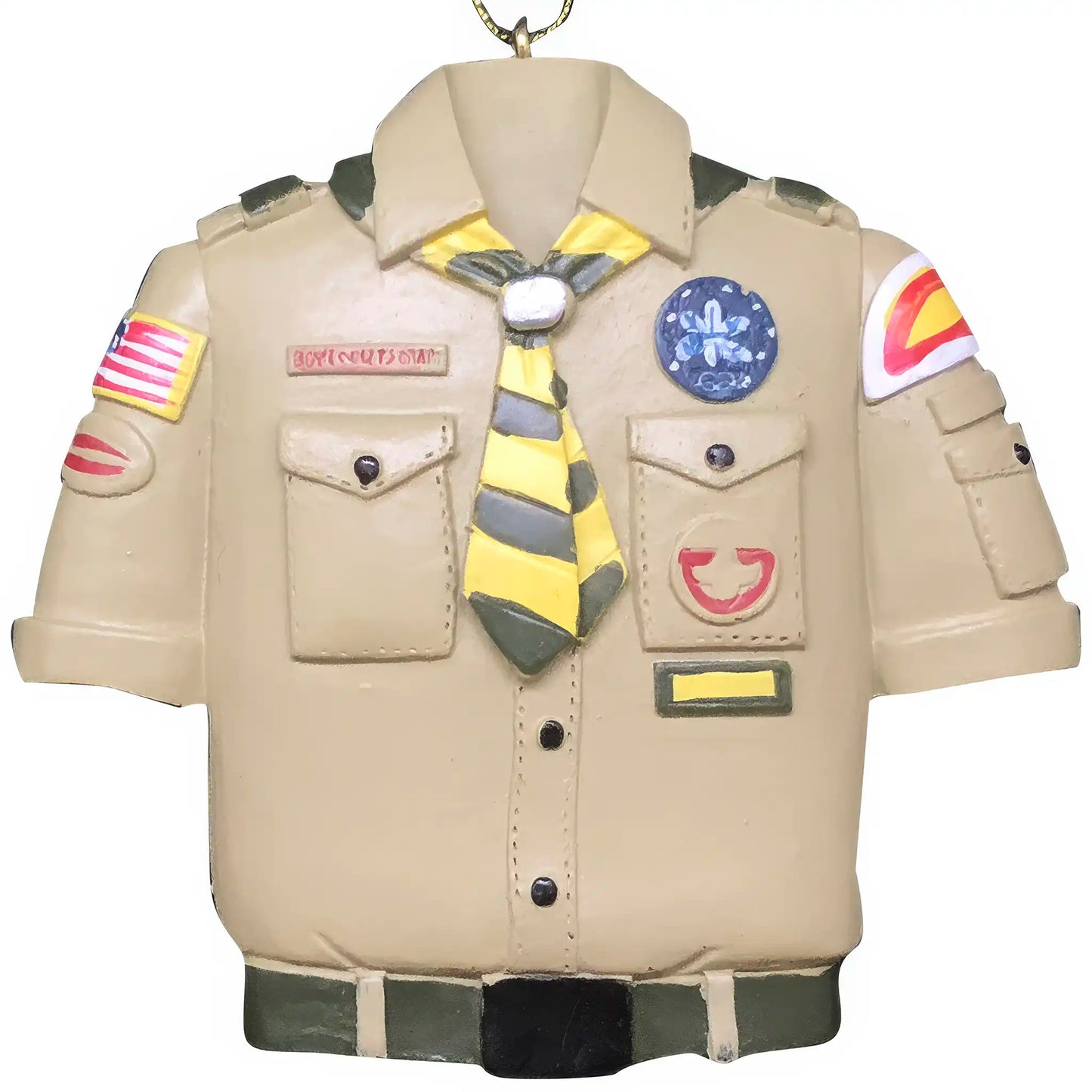 Personalized Christmas ornament shaped like a Boy Scouts of America uniform shirt with a yellow neckerchief, flag patch, and scout emblems, with a blank area ready for name engraving.