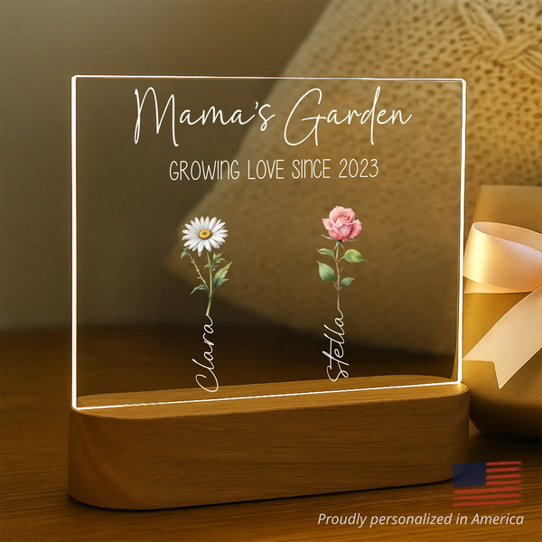 Personalized Mom's Garden birth flower night light with watercolor flowers and engraved names on acacia wood base