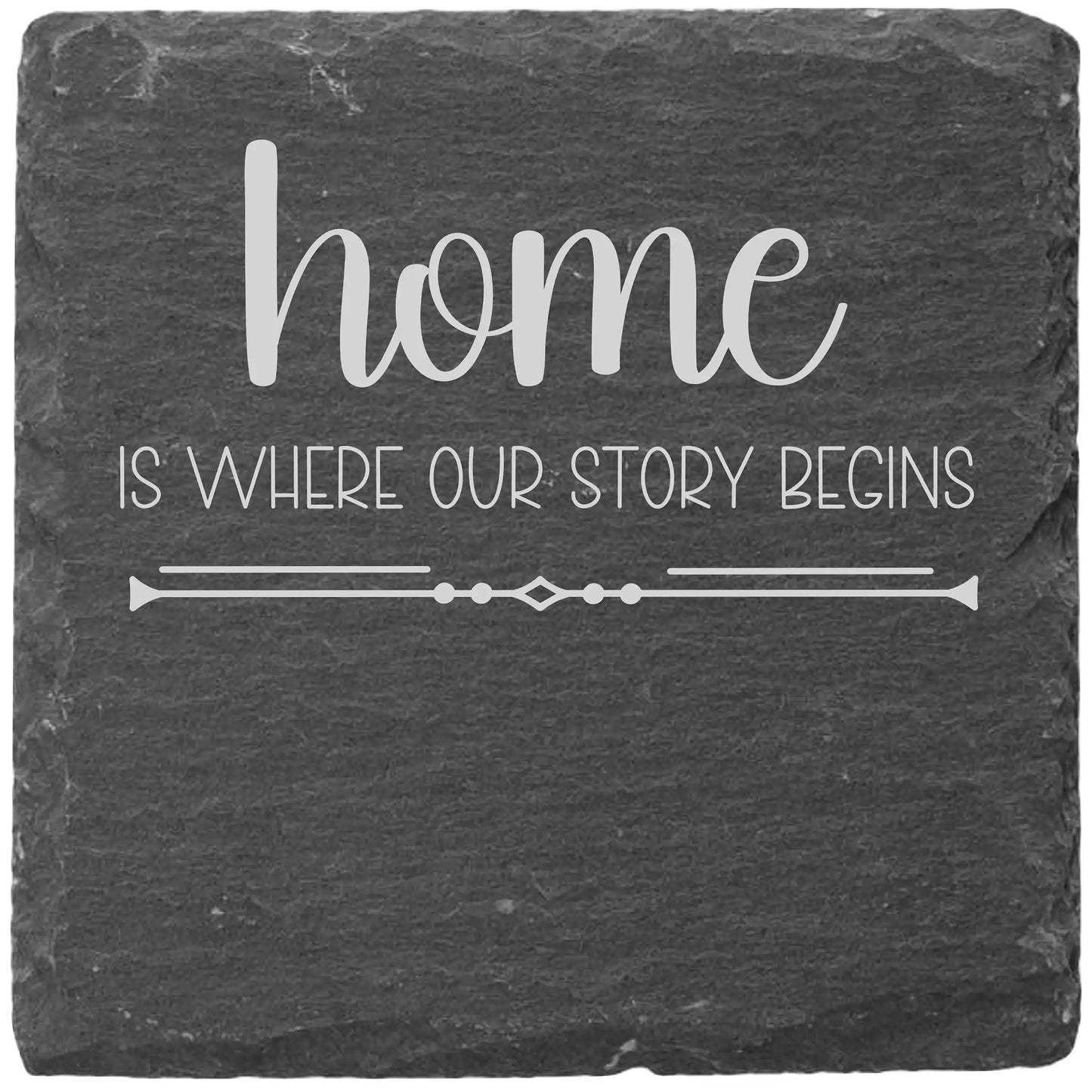 Slate coaster with 'home is where our story begins' text on a dark gray background