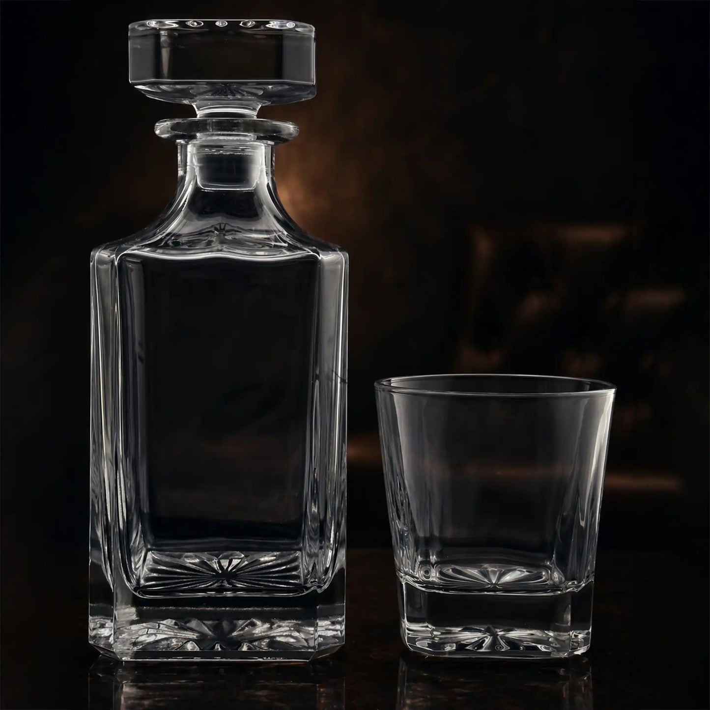 Crystal whiskey decanter with stopper beside matching rocks glass on dark surface, blank pre-engraving version