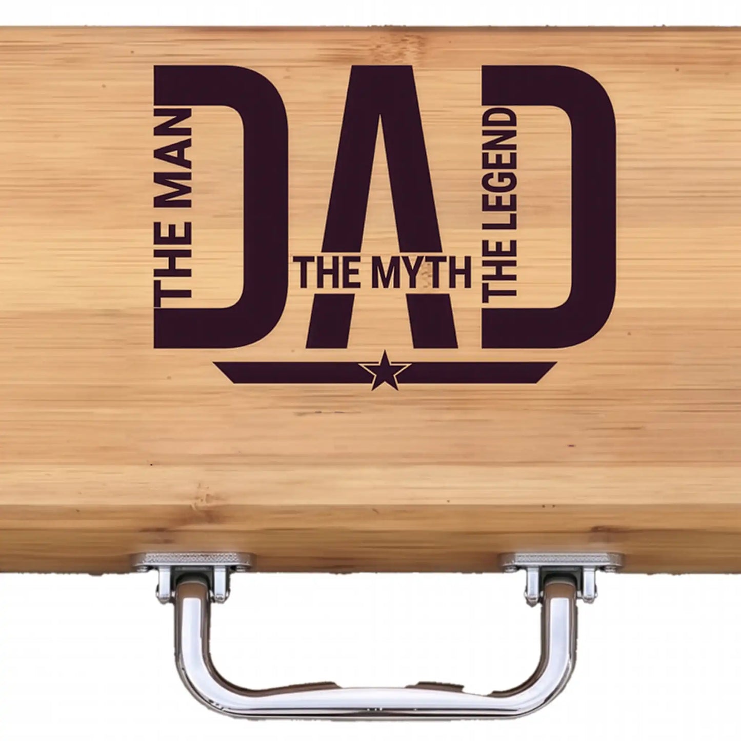 Wooden bbq grill set with 'The Man, The Myth, The Legend Dad' text on a white background