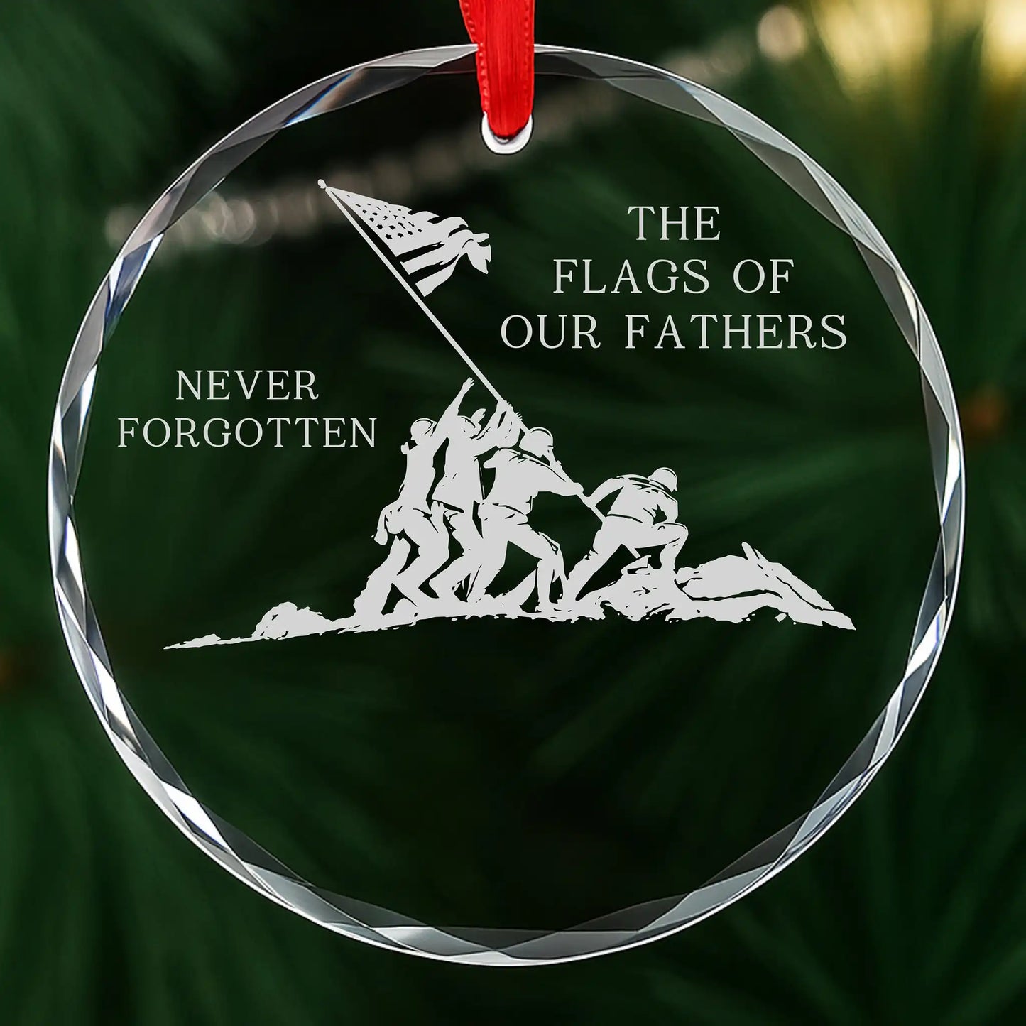 Flags of Our Fathers military glass memorial ornament shown before engraving
