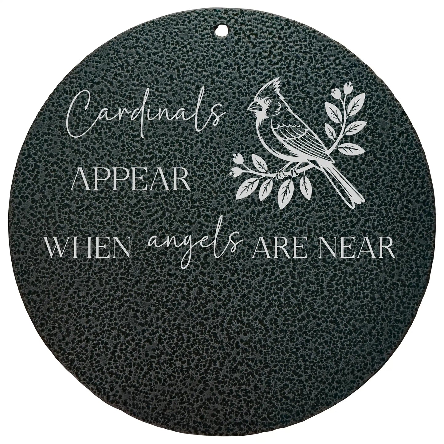 Black aluminum memorial wind chime with laser engraved cardinal and floral branch disc, personalized with name and years
