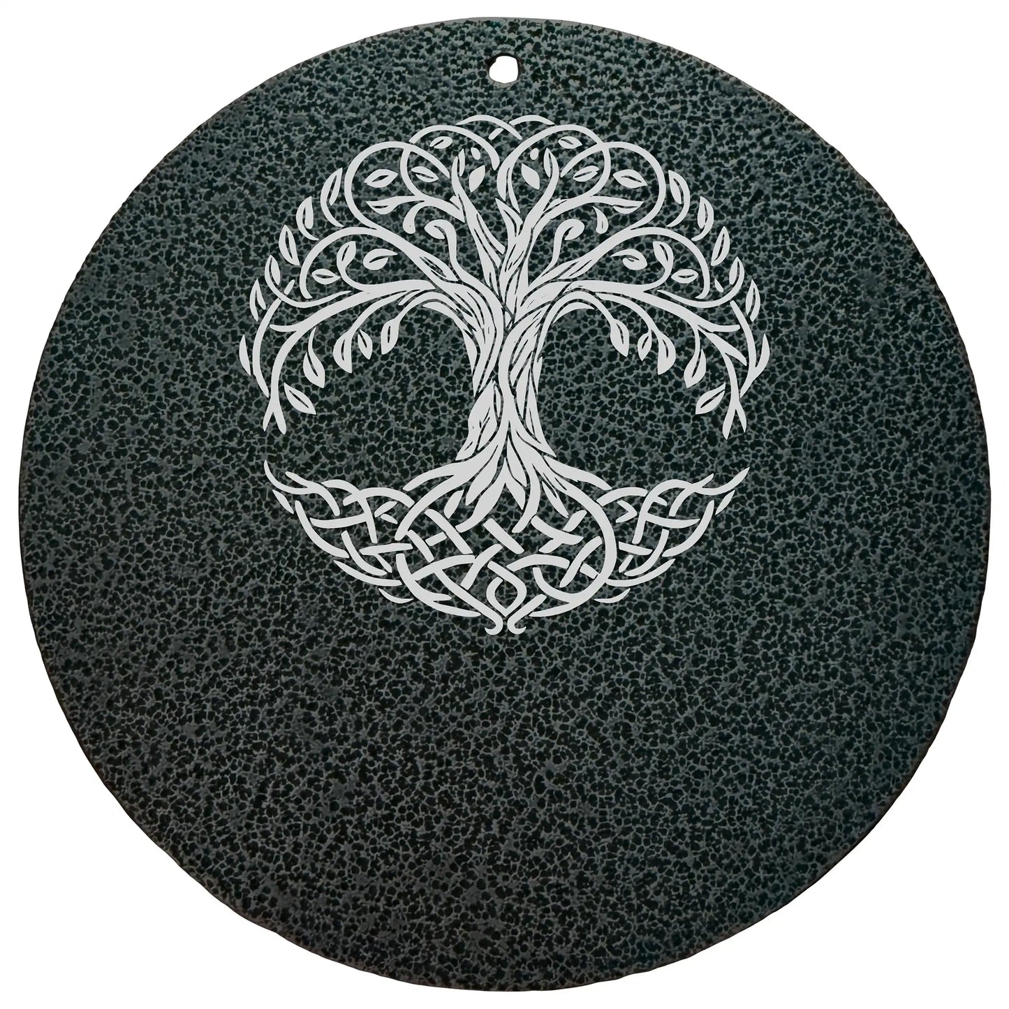 Black aluminum sympathy gift wind chime with laser engraved Celtic tree of life disc and personalized message