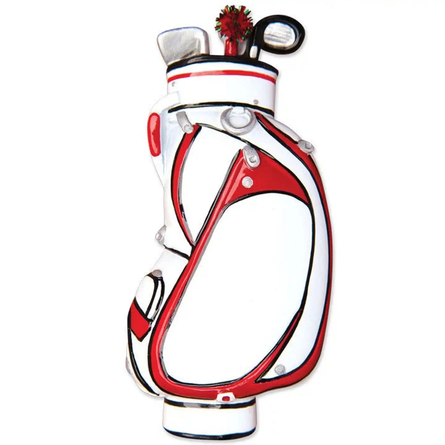 Personalized golf bag Christmas ornament in red and white with custom name and year laser engraved