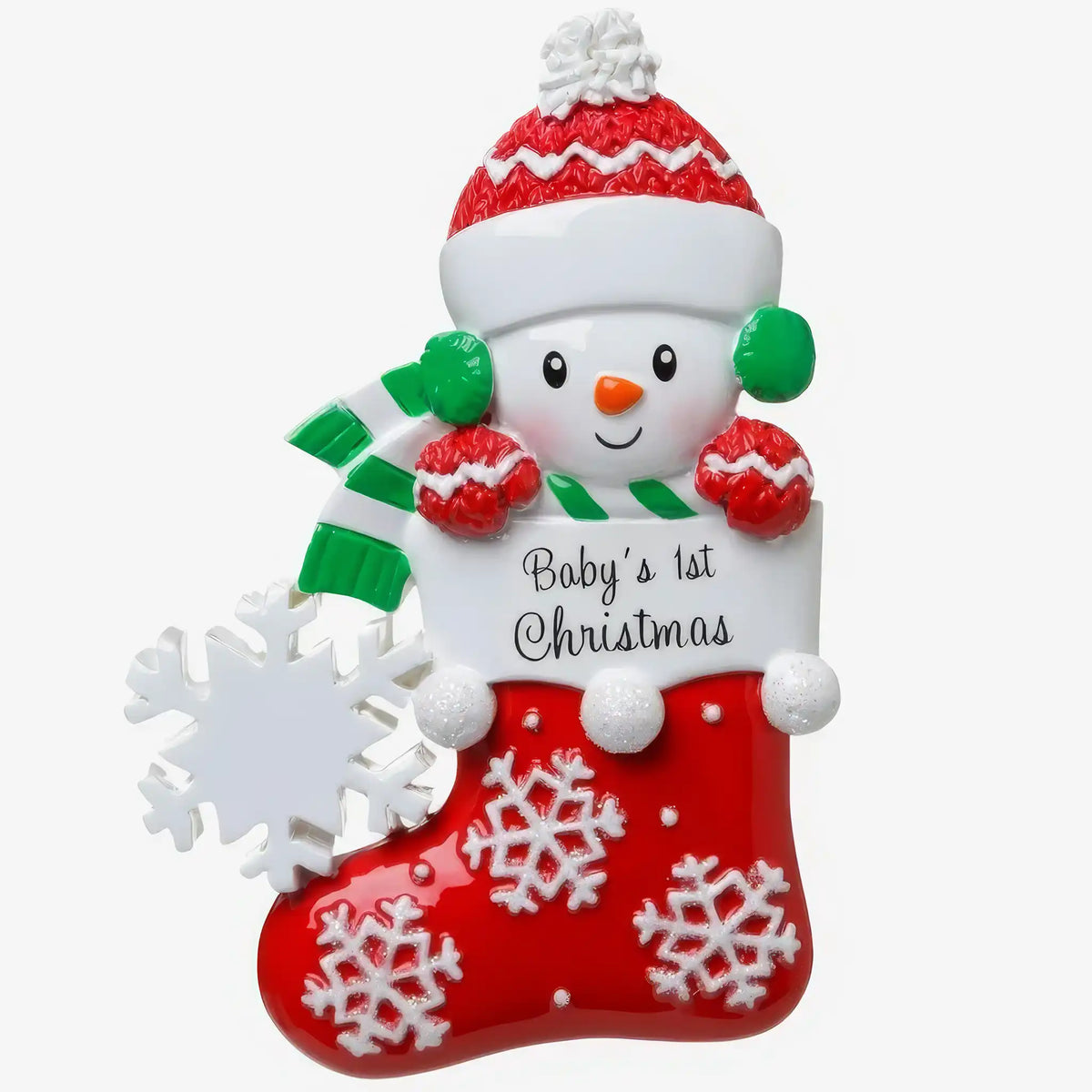 Personalized red snowman stocking baby first Christmas ornament, name and year laser engraved