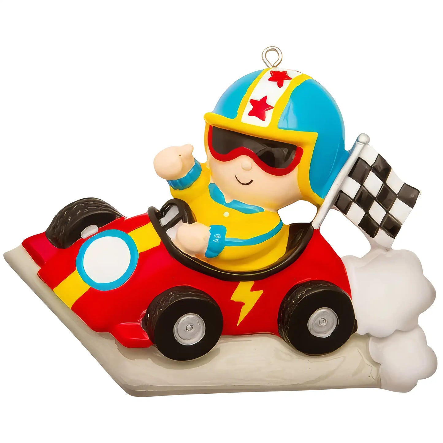 Close-up of laser engraved name and year on personalized race car Christmas ornament