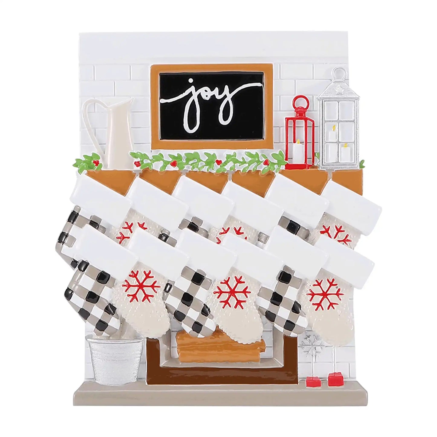 Fireplace Family of 12 Stockings Personalized Ornament