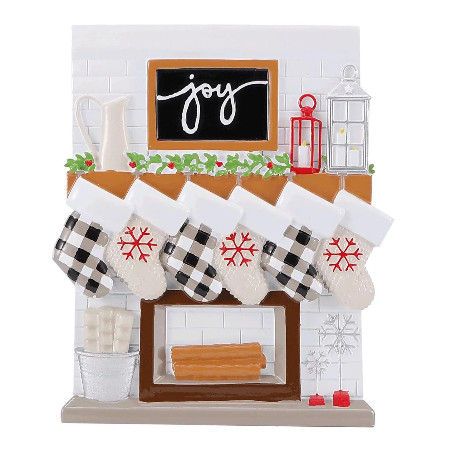 Fireplace Family of 6 Stockings Personalized Ornament