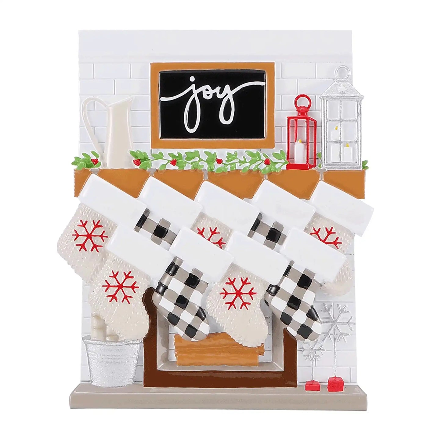 Fireplace Family of 9 Stockings Personalized Ornament