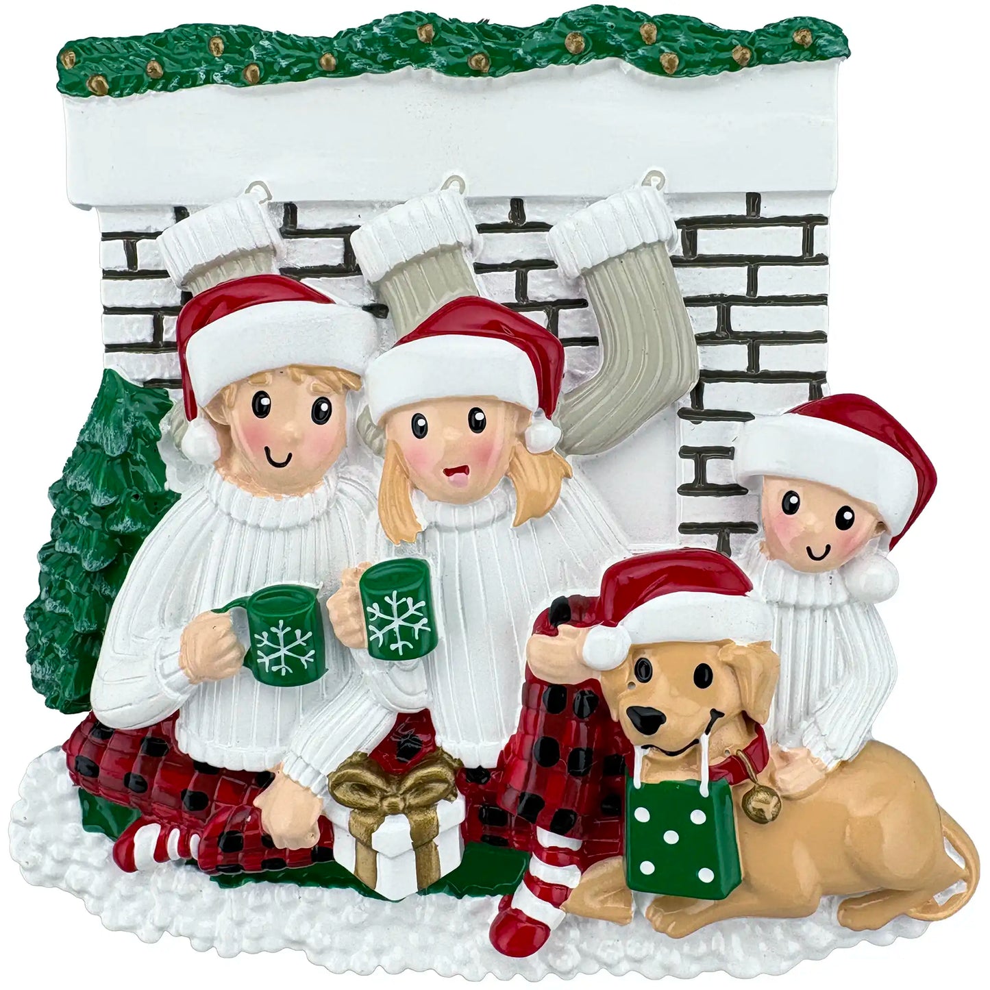 Family of 3 with Dog Personalized Ornament - Fireplace