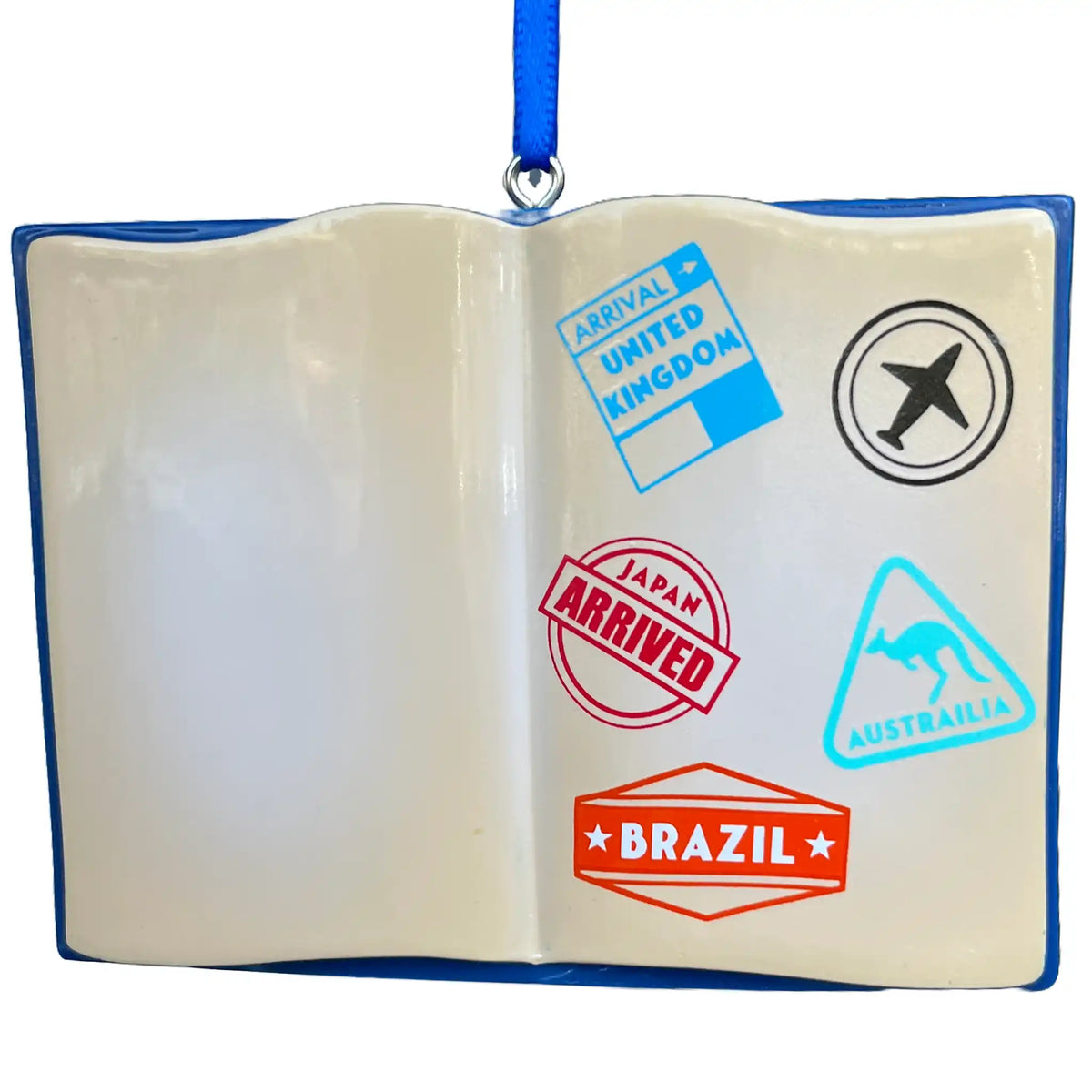 Travel passport Christmas ornament shown blank before personalization, an open passport with stamps.