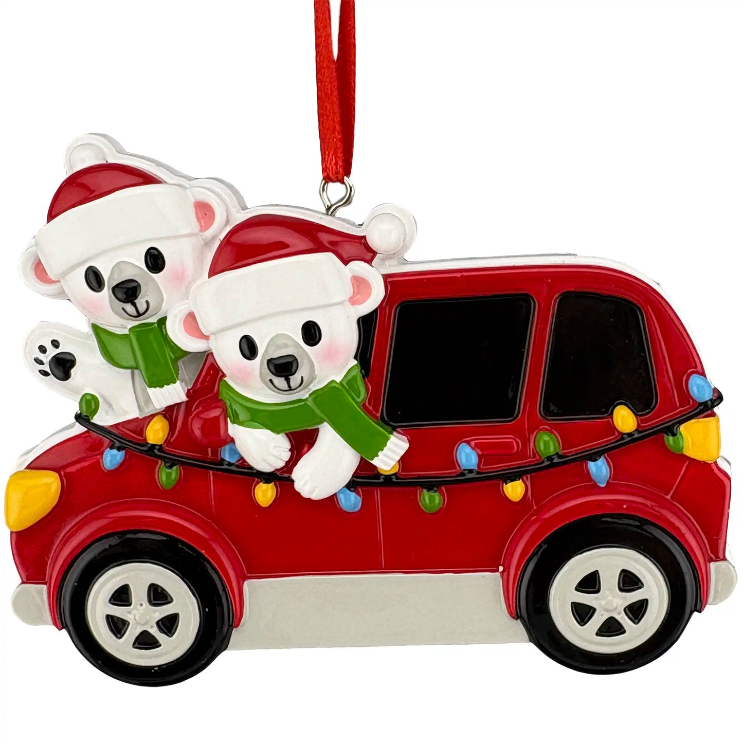 Two polar bears in Santa hats riding in a red Christmas car with lights, can be personalized with names and year