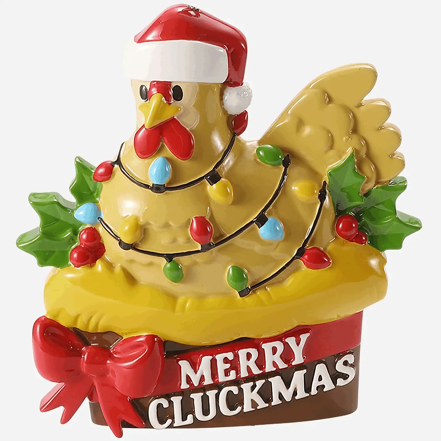 Merry Cluckmas chicken personalized Christmas ornament shown blank, hen in a Santa hat with Christmas lights and holly, ready to add a name and year