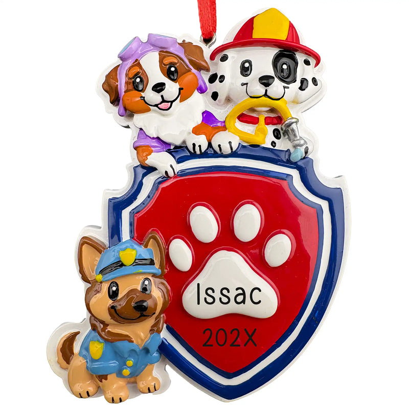 Personalized puppy rescue squad Christmas ornament with firefighter Dalmatian, police shepherd, and aviator pup around a badge with custom name and year