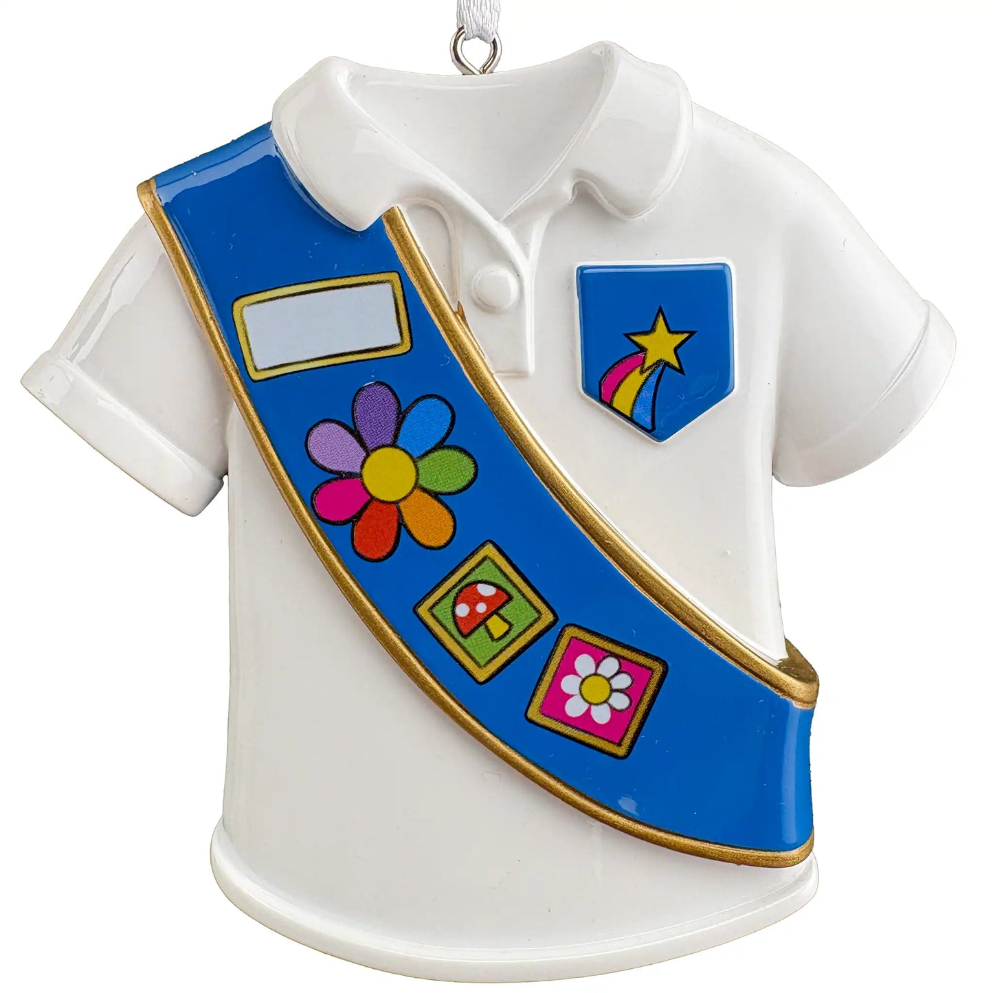 Blue sash Girl Scout personalized ornament shown blank before the name and year are engraved