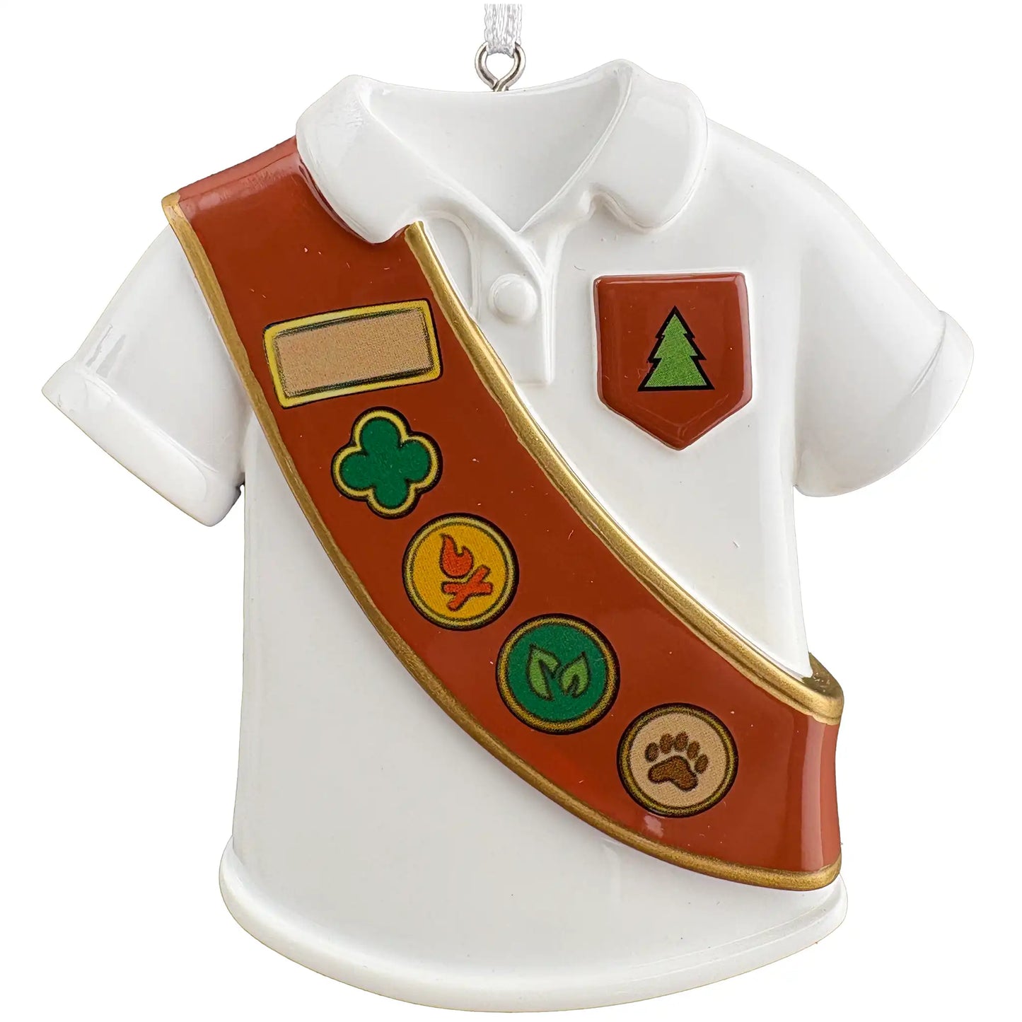 Brown sash Girl Scout personalized ornament shown blank before the name and year are engraved