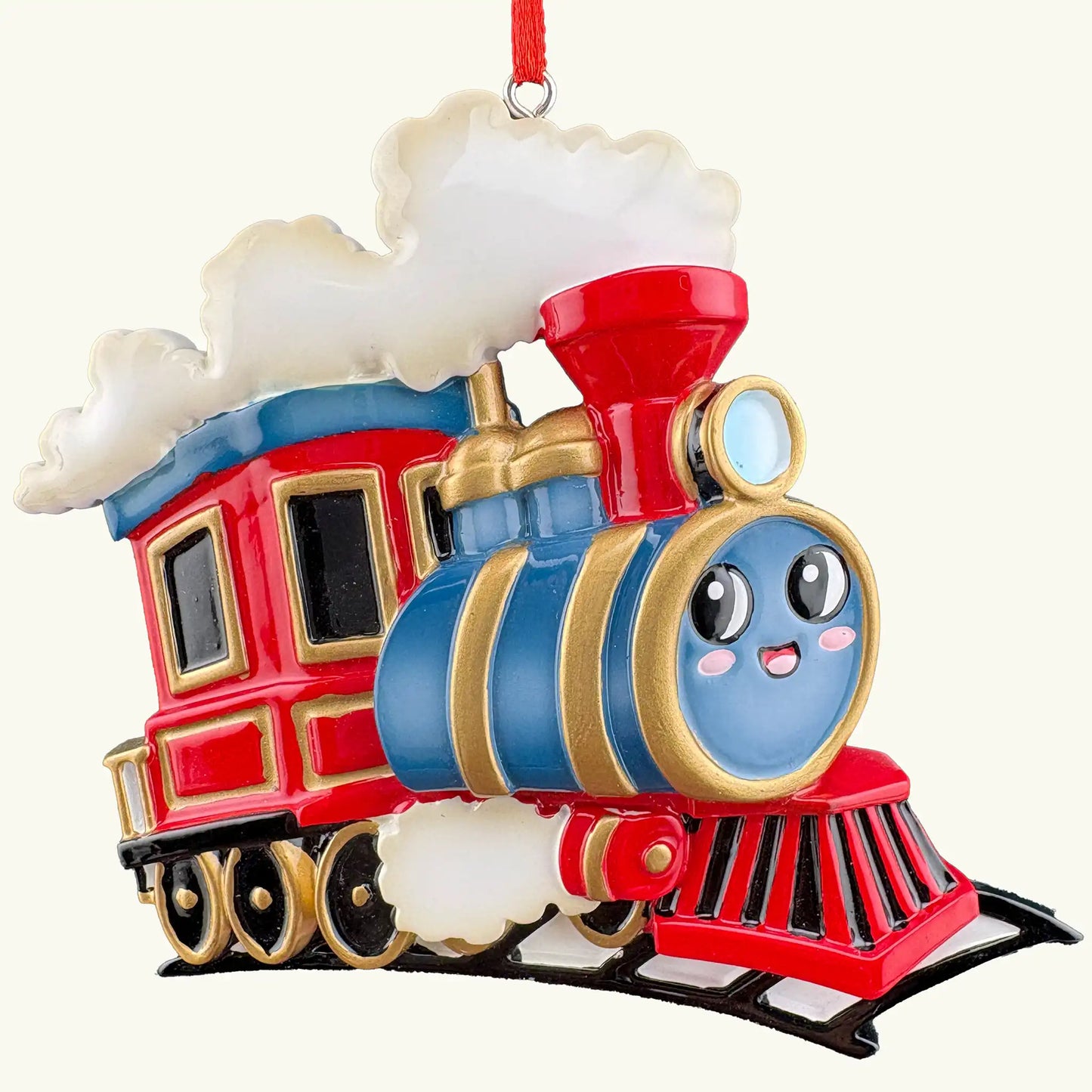 Kids train personalized Christmas ornament shown blank before laser engraving, red and green polyresin engine with a friendly face