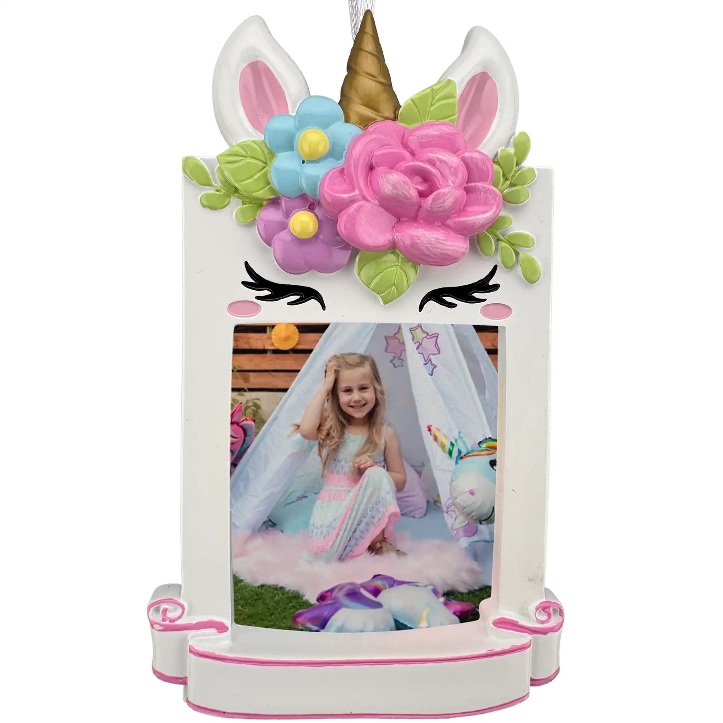 Unicorn photo frame personalized Christmas ornament shown blank, white unicorn face frame with gold horn and floral crown before laser engraving