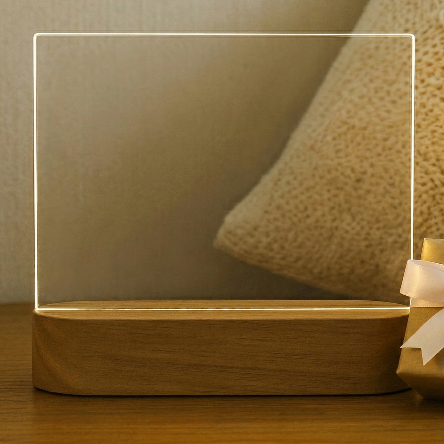 Wooden lamp with clear acrylic panel on a wooden surface