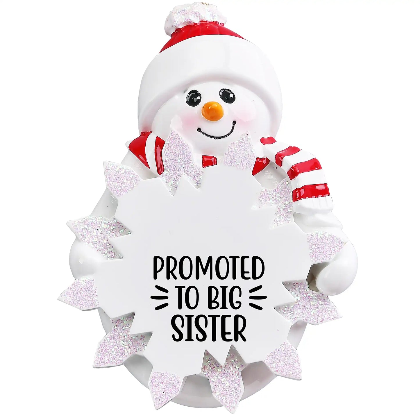 Snowman ornament with 'Promoted to Big Sister' text on a white background