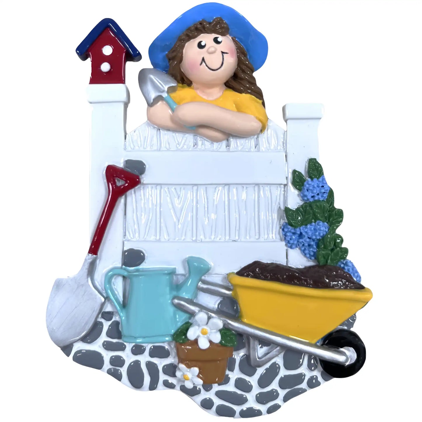 Personalized woman gardener Christmas ornament with a lady in a blue sun hat at a white picket fence, wheelbarrow and watering can, ready to engrave a name and year