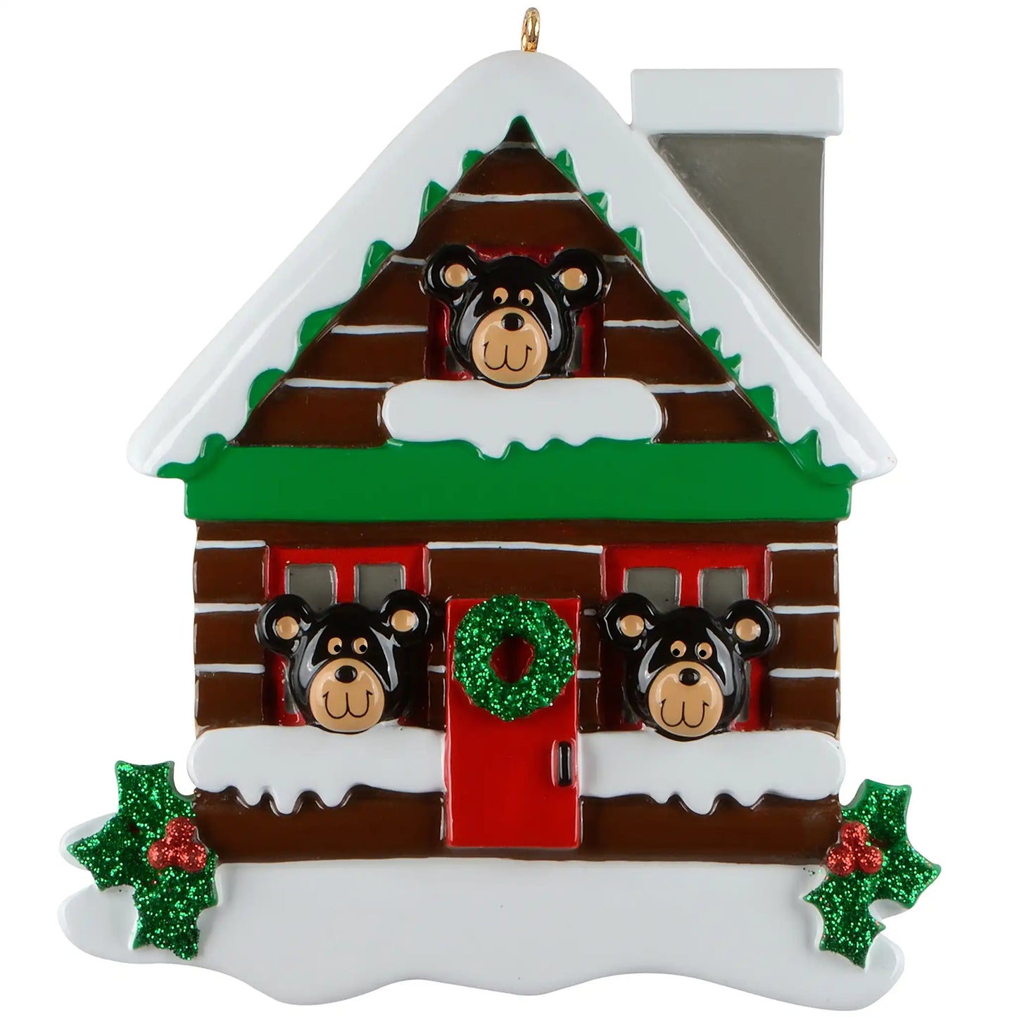 Personalized rustic cabin ornament with bear faces in windows, custom names, and family name.