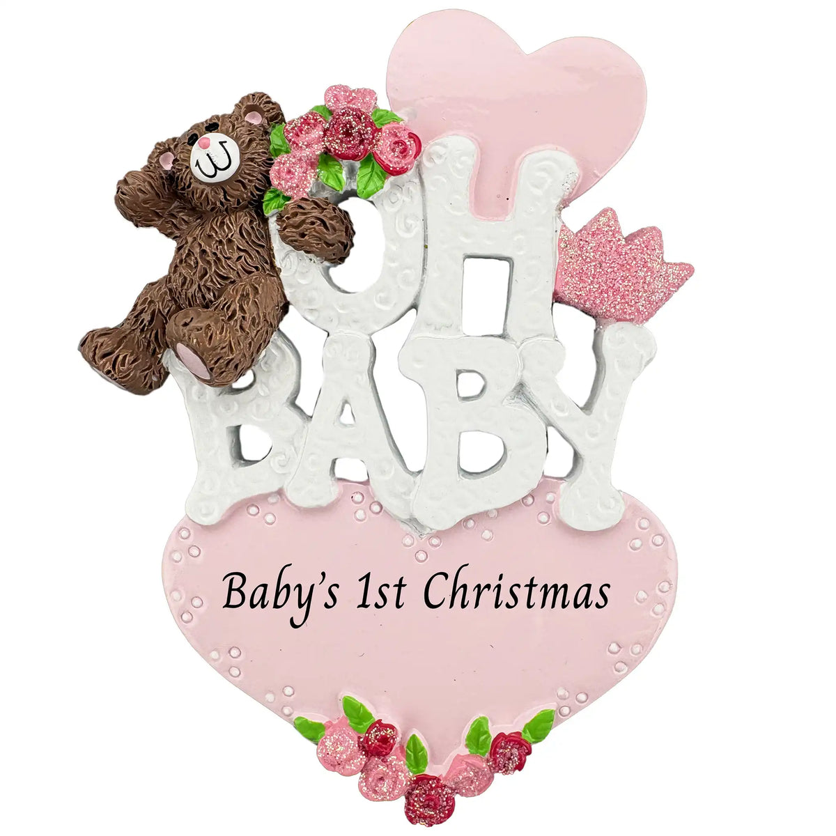 Blank white Oh Baby ornament with teddy bear, pink flowers, and heart base before the custom name and year are engraved