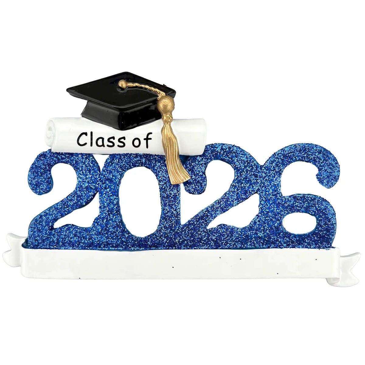 Class of 2026 blue graduation Christmas ornament with a blank banner, ready to personalize with school and name
