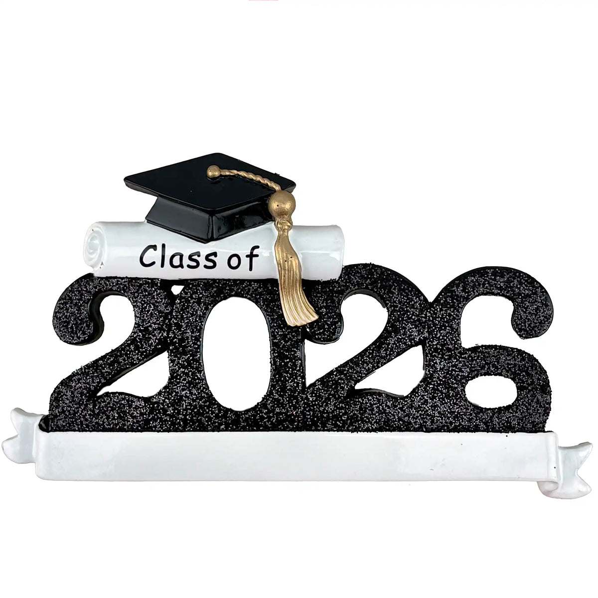 Class of 2026 black graduation Christmas ornament with a blank banner, ready to personalize with school and name