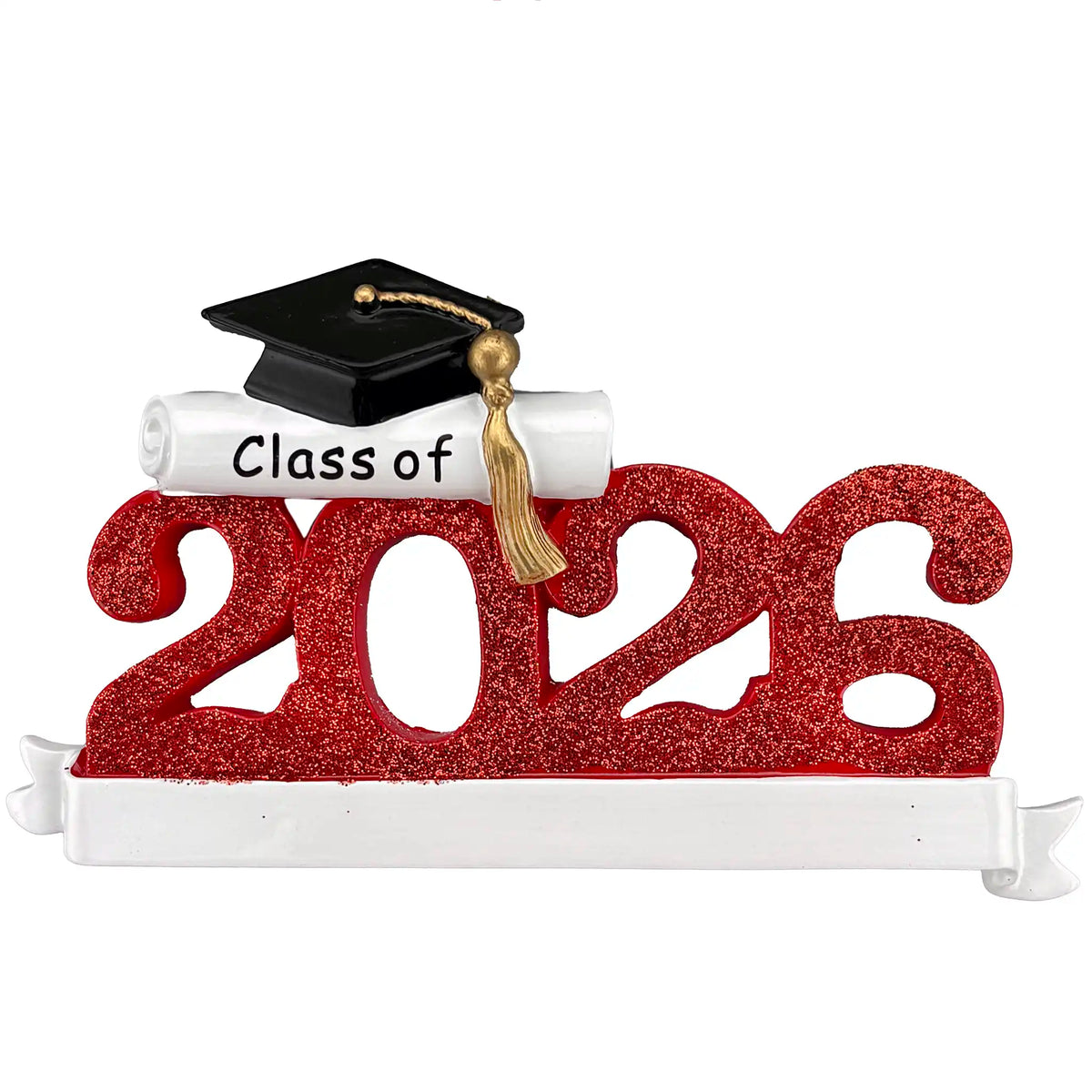 Class of 2026 red graduation Christmas ornament with a blank banner, ready to personalize with school and name
