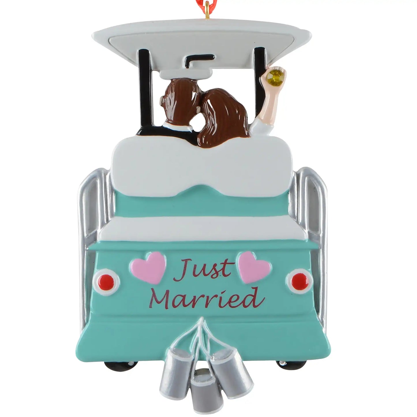 Just married wedding personalized Christmas ornament shown blank, teal Just Married getaway cart with tin cans, ready to add two names, a date, and a year