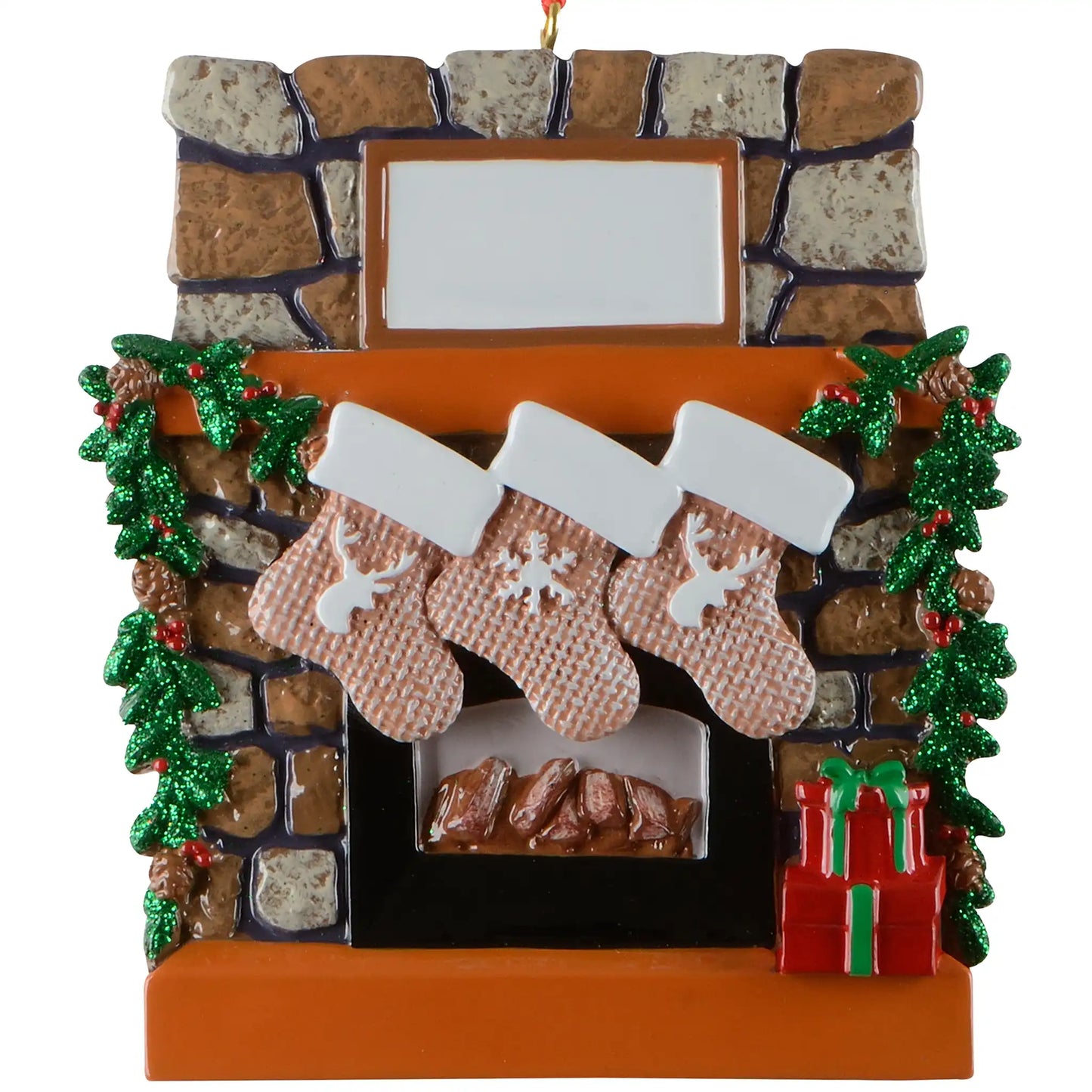 Rustic fireplace family of 3 personalized Christmas ornament shown blank, stone fireplace with three stockings and garland, ready to add three names, a family name, and a year