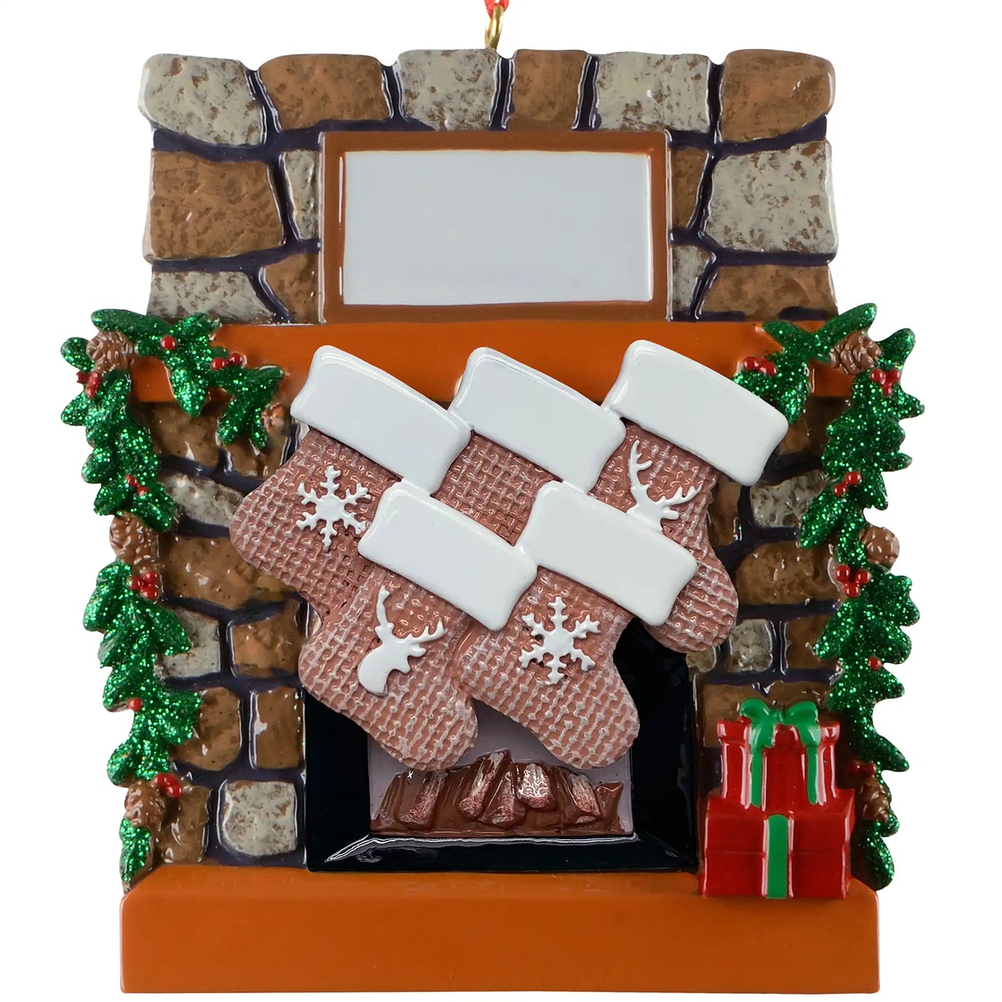 Rustic fireplace family of 5 personalized Christmas ornament shown blank, stone fireplace with five stockings and garland, ready to add five names, a family name, and a year